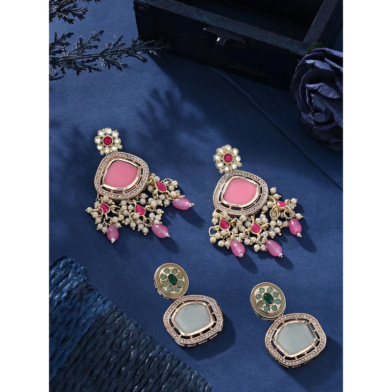 Zaveri Pearls Set Of 2 Gold Plated Kundan & & Austrian Diamonds Drop Earring