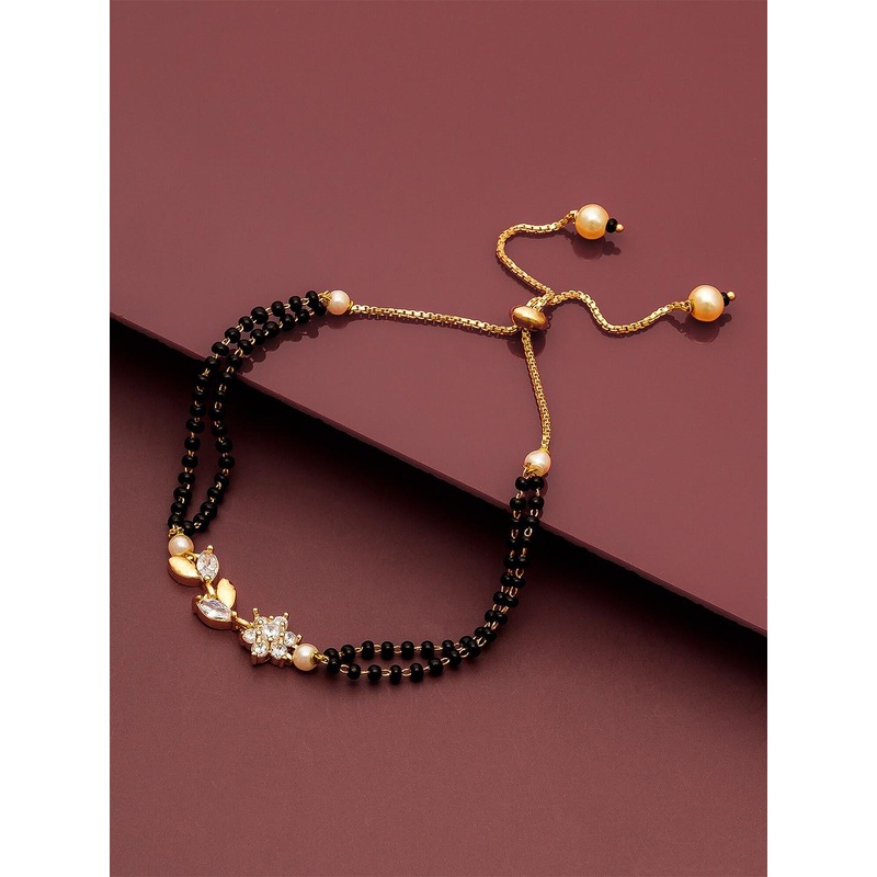 aadita Women Gold-Plated & Black Brass American Diamond Hand Mangalsutra Link Bracelet