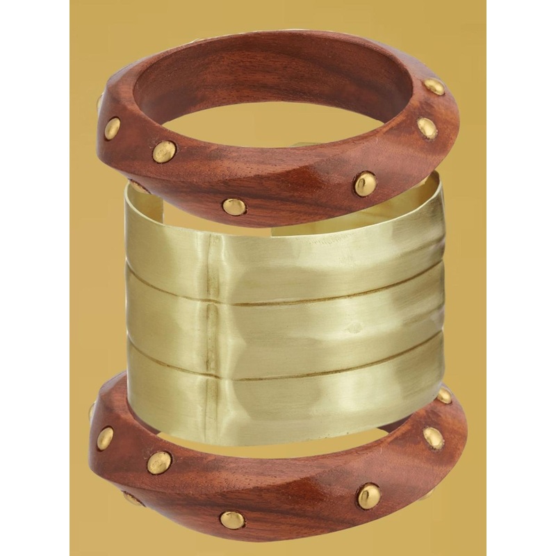 ATIBELLE Set Of 3 Gold-Plated Beaded Twisted Shaped Wooden Bangles