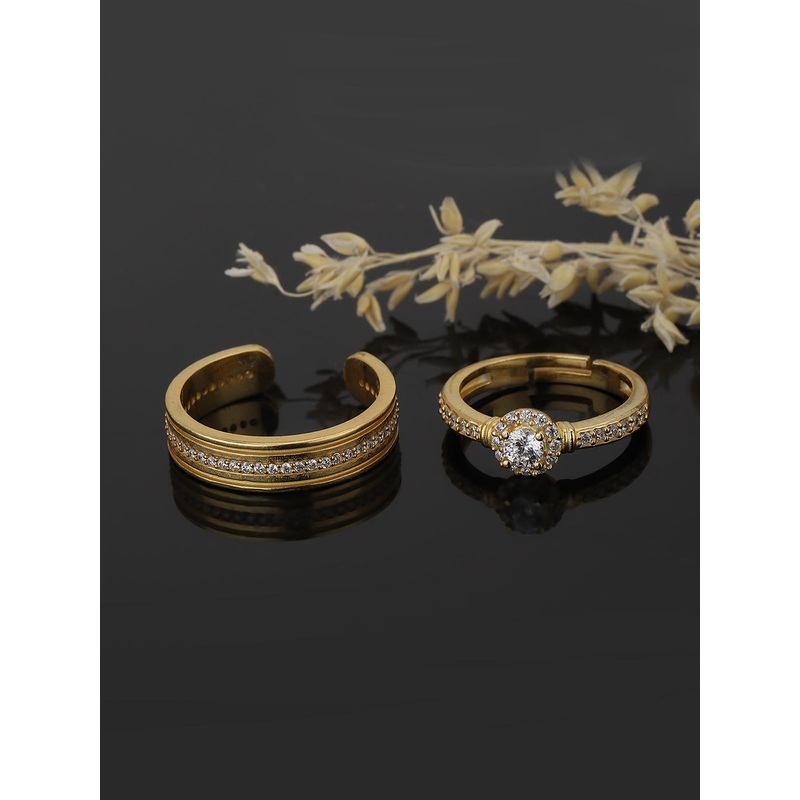 Carlton London Set Of 2 Gold-Plated Cubic Zirconia-Studded Adjustable Couple Finger Rings