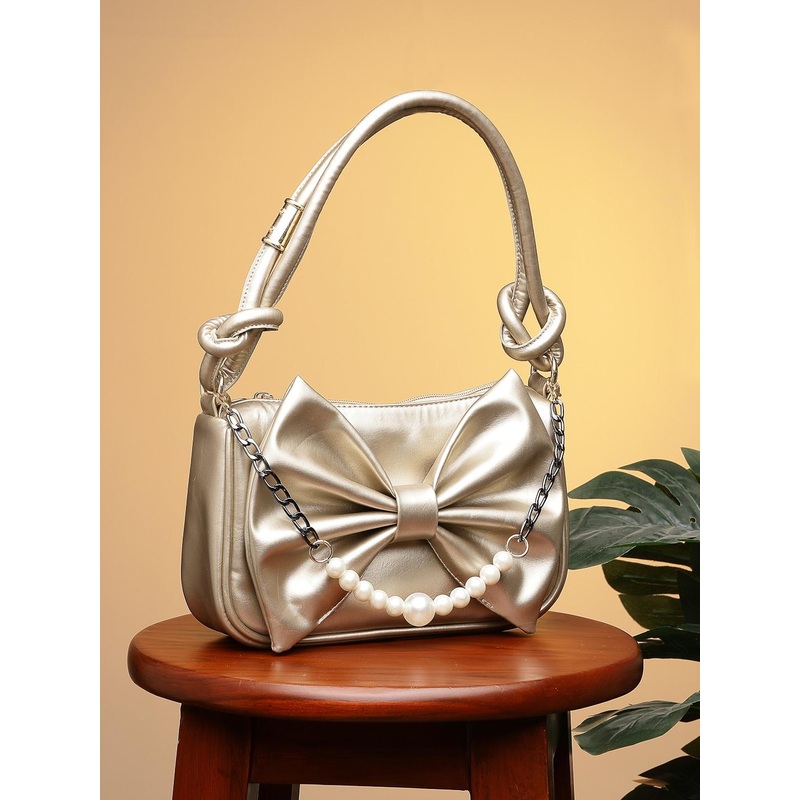 DressBerry Gold Embellished Bow Detail Handheld Bag