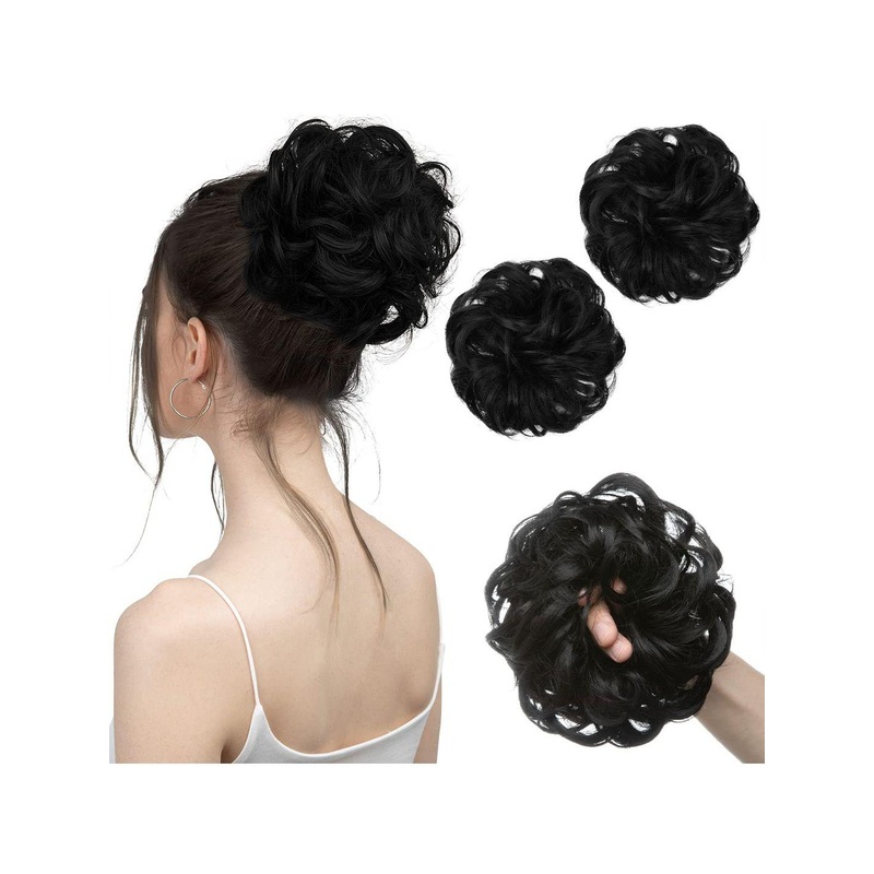 KRENOZ Halo Large Wavy Curly Bun Hair Extension – Black – 6 Inches