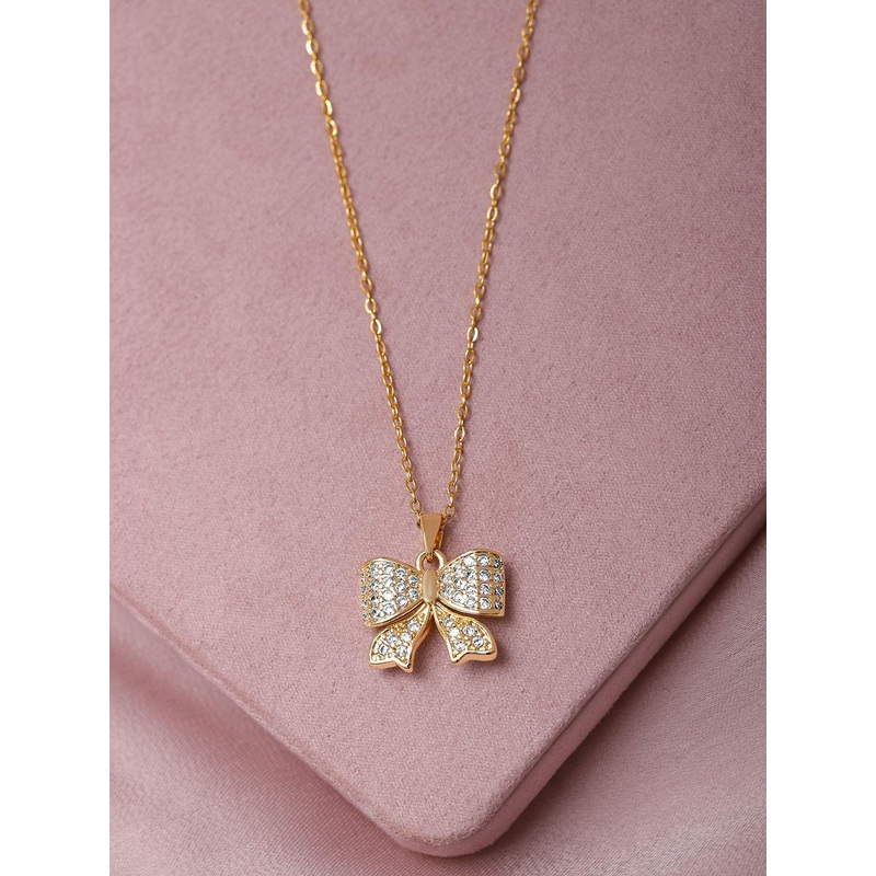 Rubans 18K Gold Plated Stainless Steel Tarnish-Free Waterproof CZ Demi-Fine Bow Pendant