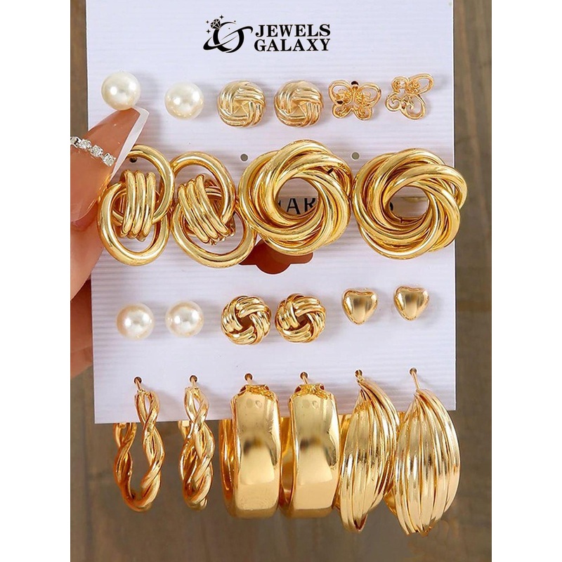 Jewels Galaxy Set Of 11 Gold-Plated Beaded Contemporary Studs Earrings