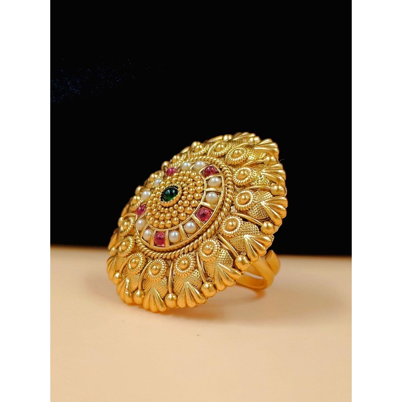 JYONA Gold-Plated Artificial Stones & Pearls Studded Adjustable Finger Ring