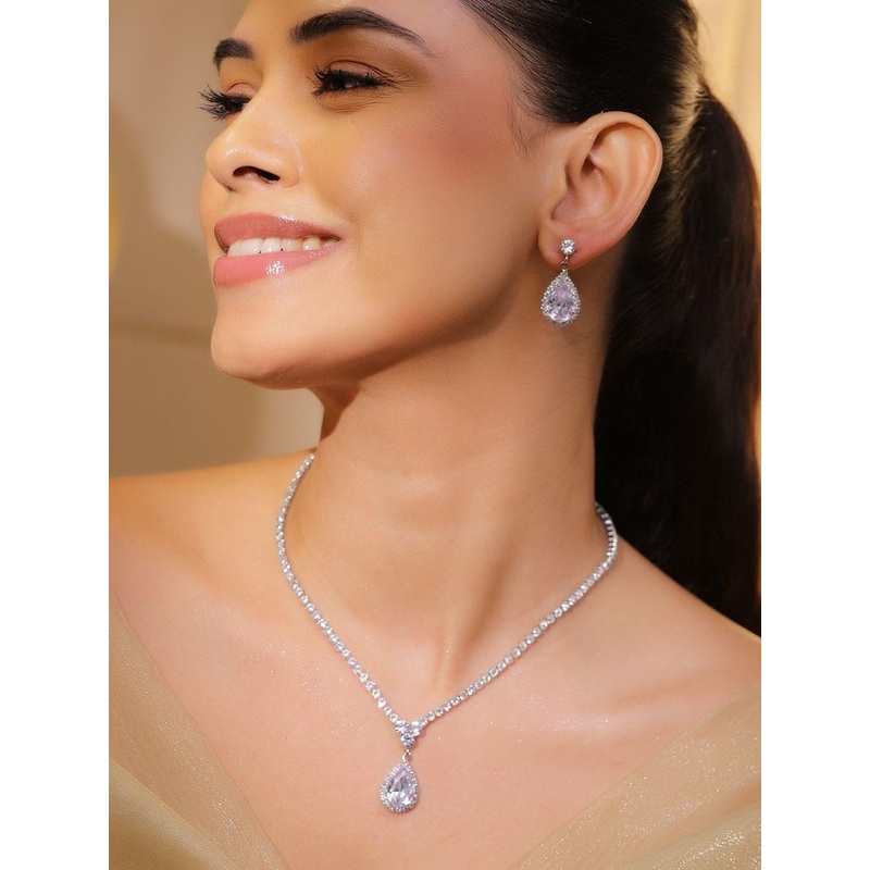 Rubans Rhodium-Plated Crystal Clear Cubic Zirconia Studded  Necklace Set