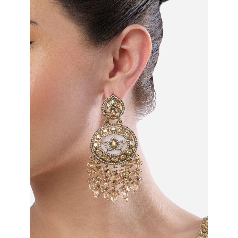 Zaveri Gold-Plated Artificial Stones Studded and Pearls Beaded Drop Earrings