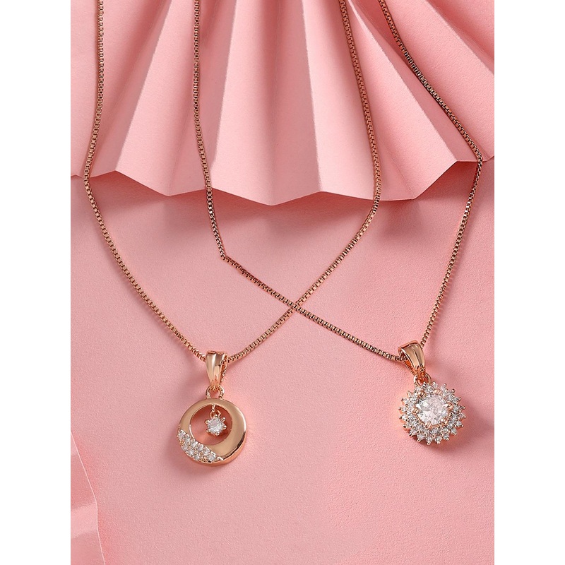 Zaveri Pearls Set of 2 Rose Gold-Plated Cubic Zirconia Studded Pendants with Chains