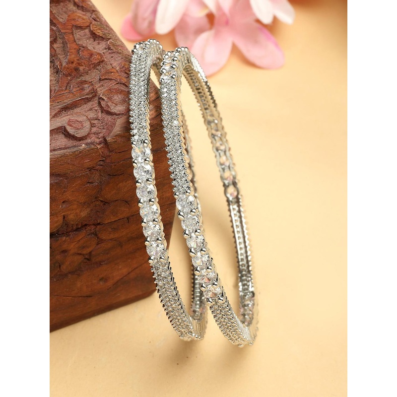 ZENEME Women Set Of 2 Rhodium-Plated White AD Crystal Radiance Bangles