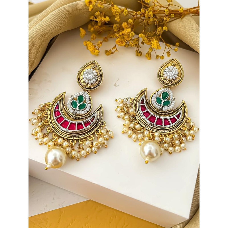 Zeviel Gold-Plated Kundan Chanbali Stud Earrings with Pearls Drop & Red-Green Accents