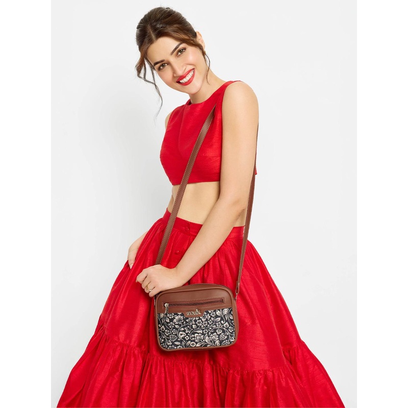 ZOUK Black & Beige Ethnic Motifs Woven Design Handcrafted Vegan Leather Sustainable Sling Bag