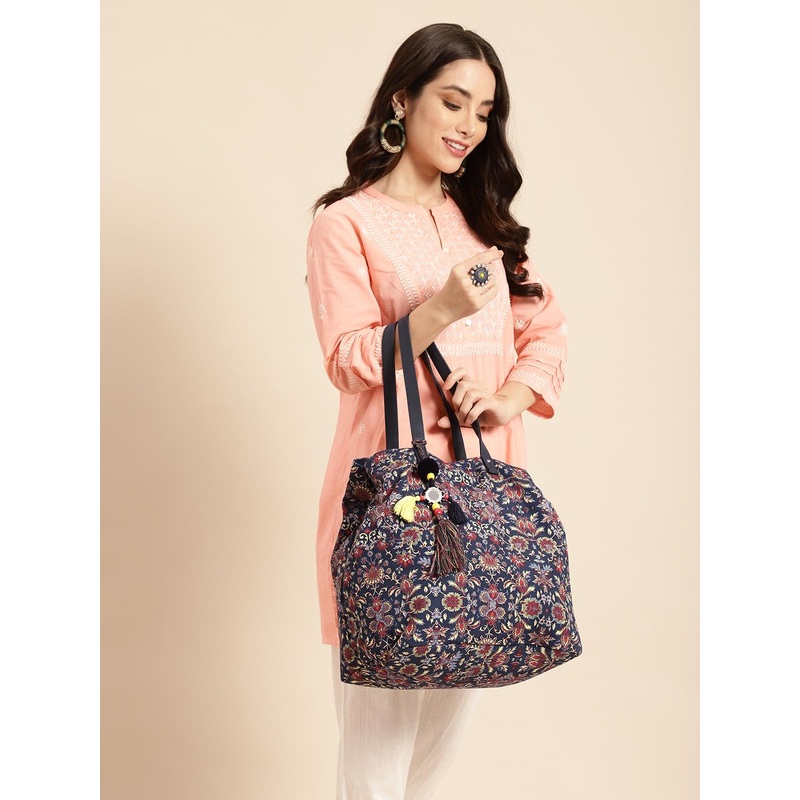 Anouk Floral Print Oversized Structured Shoulder Bag with Tasselled Detail