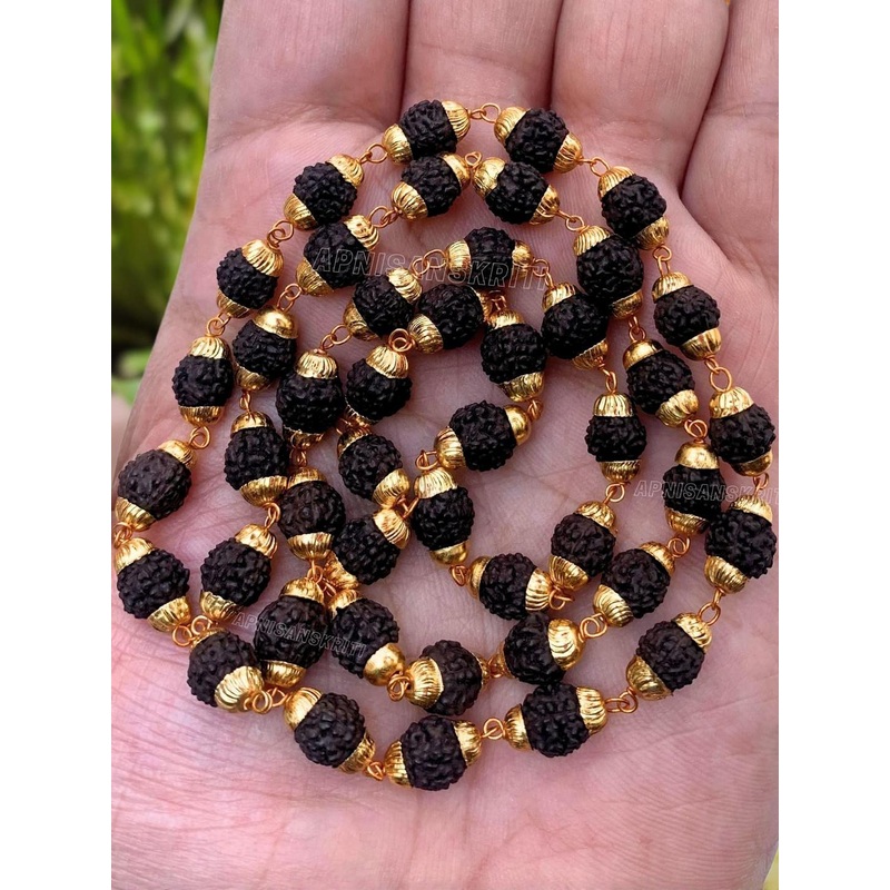 Apnisanskriti Unisex Black Rudraksha Golden Caps Mala