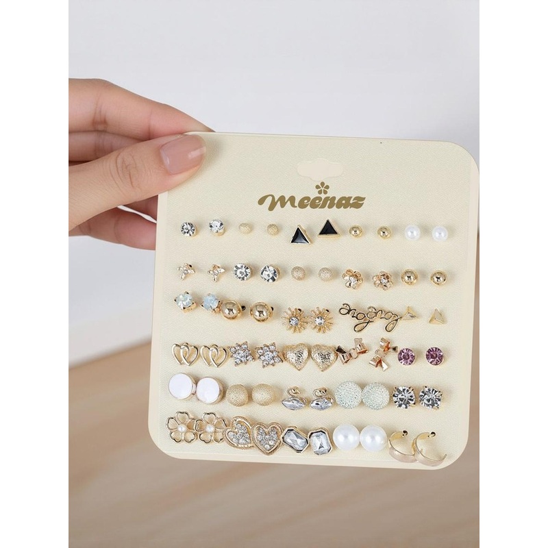 DressBerry Set Of 30 Gold Plated Stones Studded & Pearls Beaded Geometric Studs