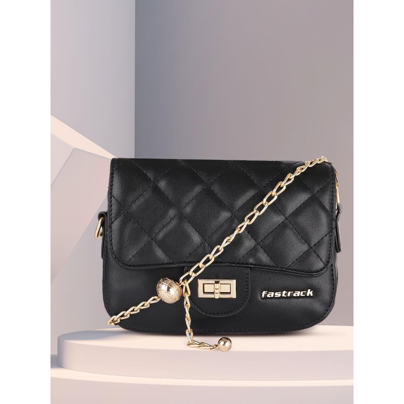 Fastrack Black Solid PU Regular Swagger Sling Bag with Quilted Detail