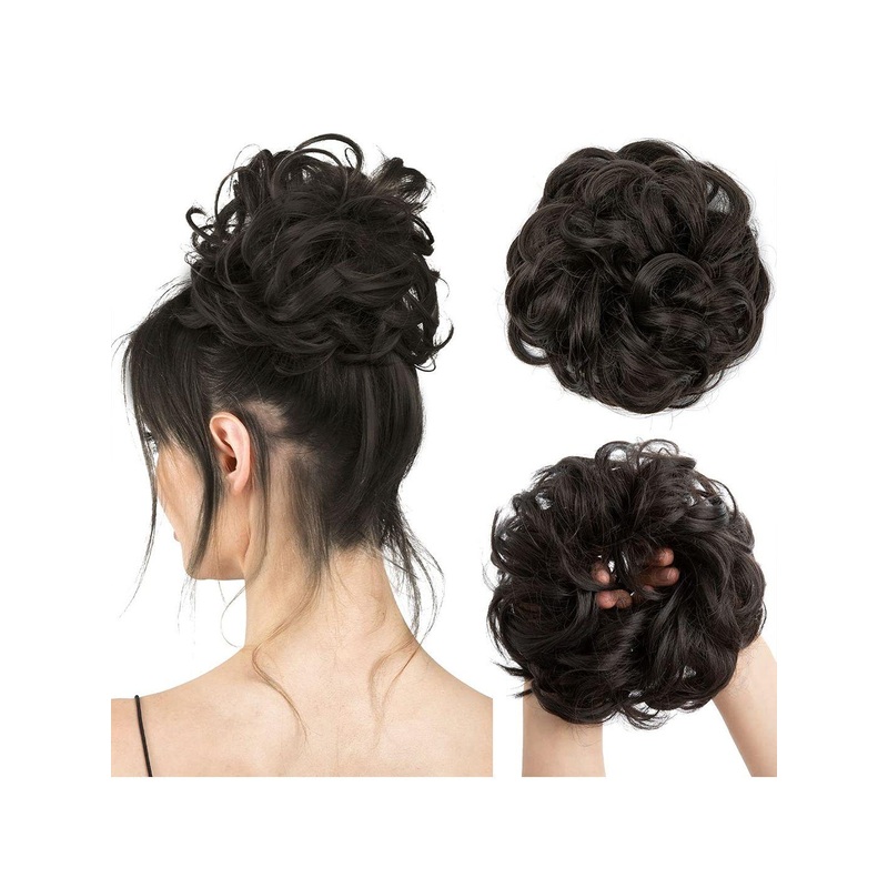 KRENOZ Halo Large Wavy Curly Messy Bun Hair Extension – Black – 8 Inch