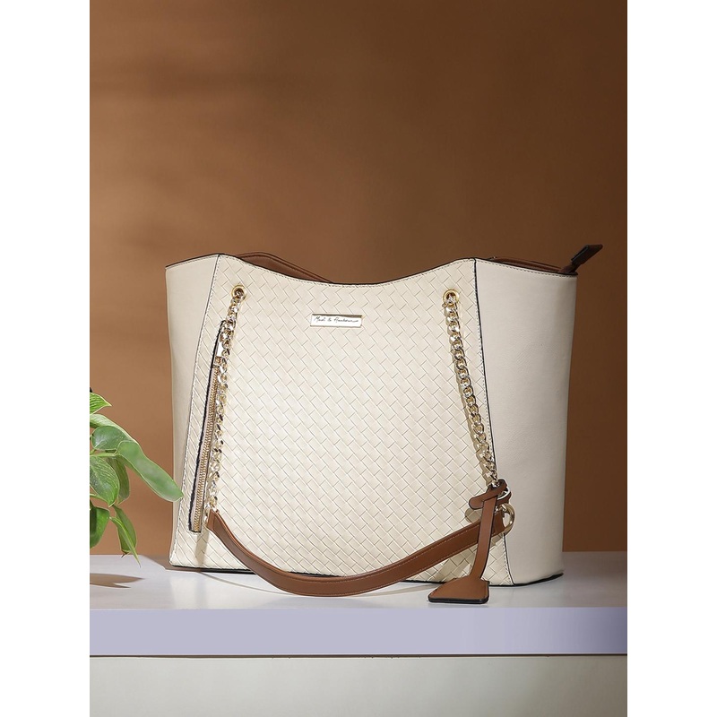 Mast & Harbour Textured Structured Tote Bag with Tasselled