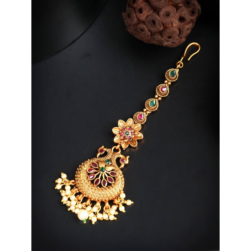 Priyaasi Gold-Plated & Pink Pearl Peacock Maang Tikka