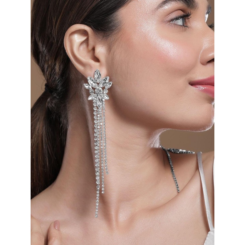 Rubans Rhodium Plated Crystal AD & Zirconia Studded MultiLayer Shoulder Drop Earrings