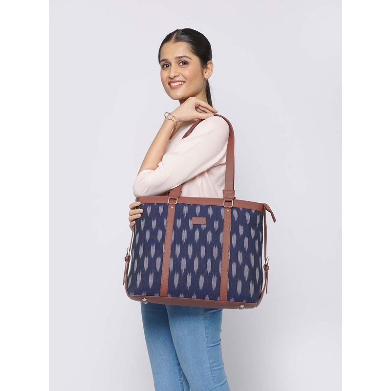 ZOUK Teal Blue & Off-White Ikat Printed Handcrafted Laptop Sustainable Shoulder Tote Bag