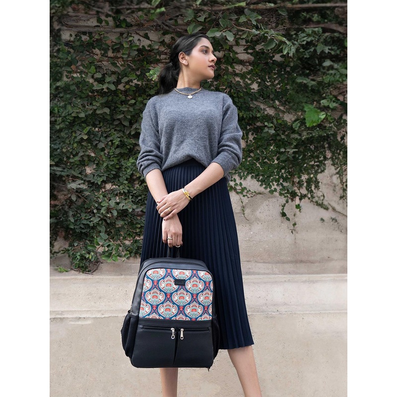 ZOUK Women Ethnic Printed Vegan Leather Backpack With Compression Straps-Up to 16 inch