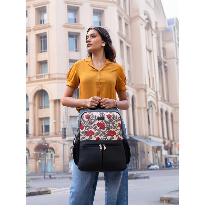 ZOUK Women Floral Printed Vegan Leather Backpack With Compression Straps-Up to 16 inch