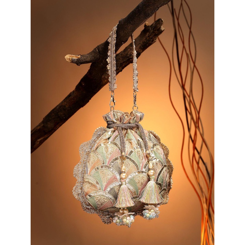 Anekaant Dangle Champagne Gold & Pastel Multi Scale Embroidered Georgette Potli