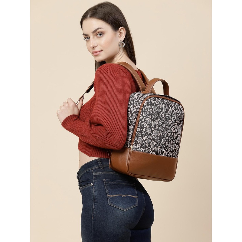 Anouk Tan Brown Floral Printed Ergonomic College Backpack