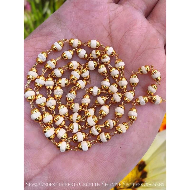 Apnisanskriti Unisex White Tulsi Golden Caps Mala