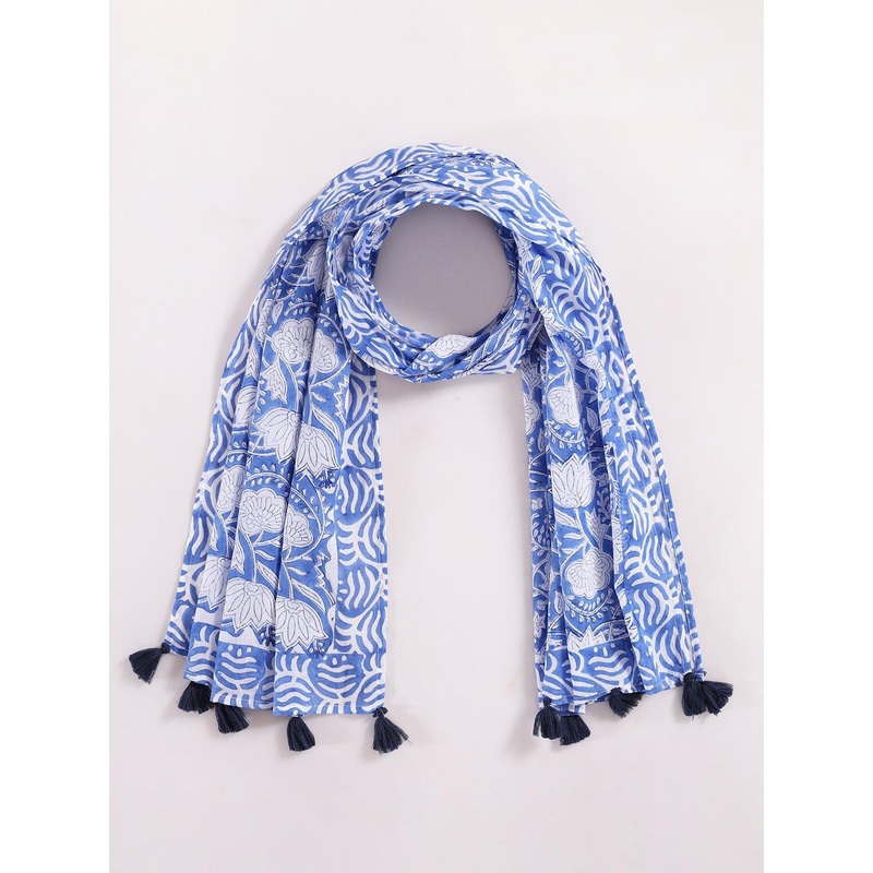 HANDICRAFT PALACE Women Lotus Printed Cotton Tasseled Scarf