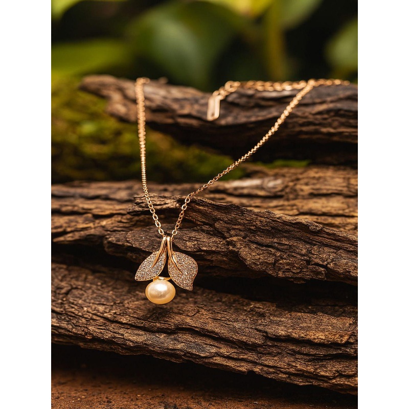 Jewelz Gold Plated Stainless Steel Leaf Shaped Pearls Beaded Pendant With Chain