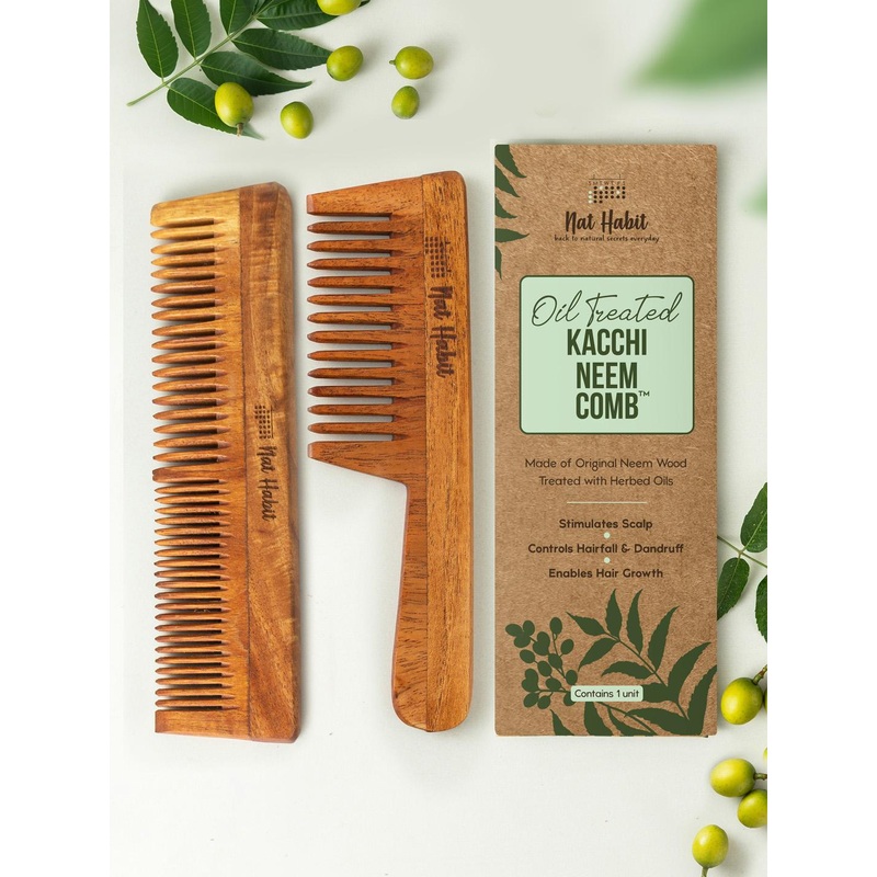Nat Habit 2Pcs Kacchi Neem Handmade Dual + Wide Wooden Tooth Comb for Long Thick Hair