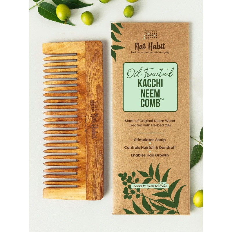 Nat Habit Kacchi Neem Large Wide Wooden Tooth Comb – Soaked in 17 Herbs & Oils – Beige