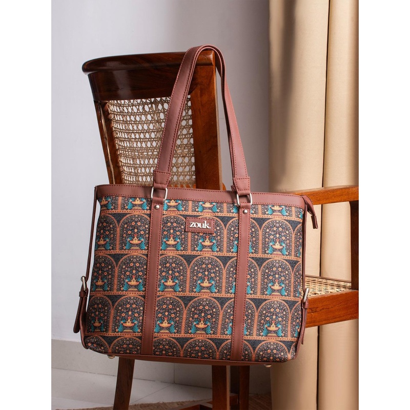 ZOUK Women Brown Ethnic Motifs Printed Structured Tote Bag