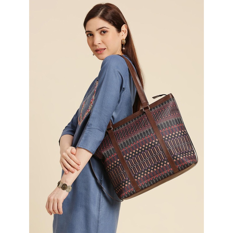 Anouk Black & Brown Geometric Printed Office Tote Bag