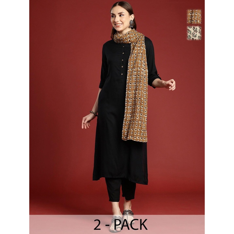 Anouk Pack Of 2 Brown & Beige Ethnic Motifs Printed Cotton Scarves