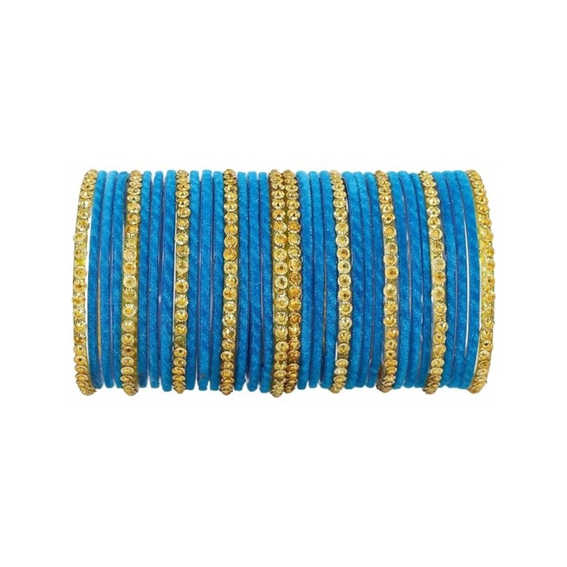 Guddan Set of 34 Firozi & Golden Glass Bangle Set