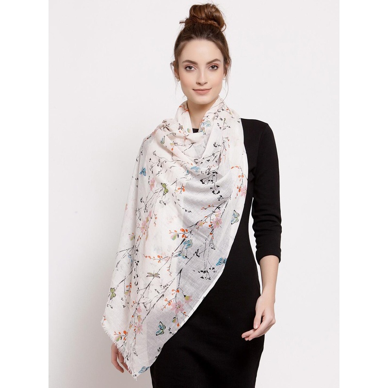 J Style Women Cream-Coloured & Red Printed Pure Cotton Stole