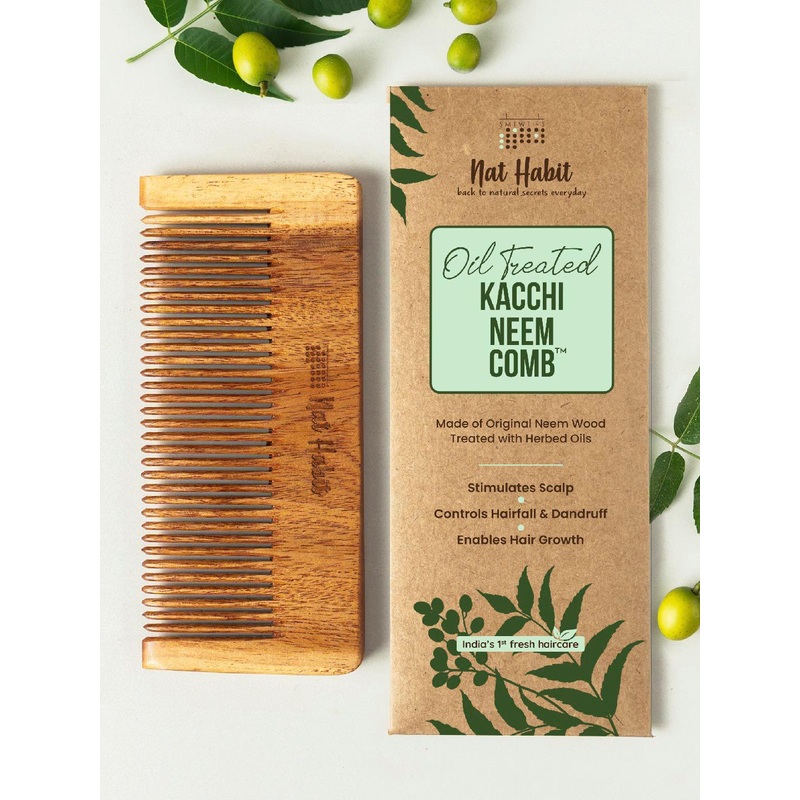 Nat Habit Kacchi Neem Handmade Fine Wooden Tooth Comb for Long Thick Hair