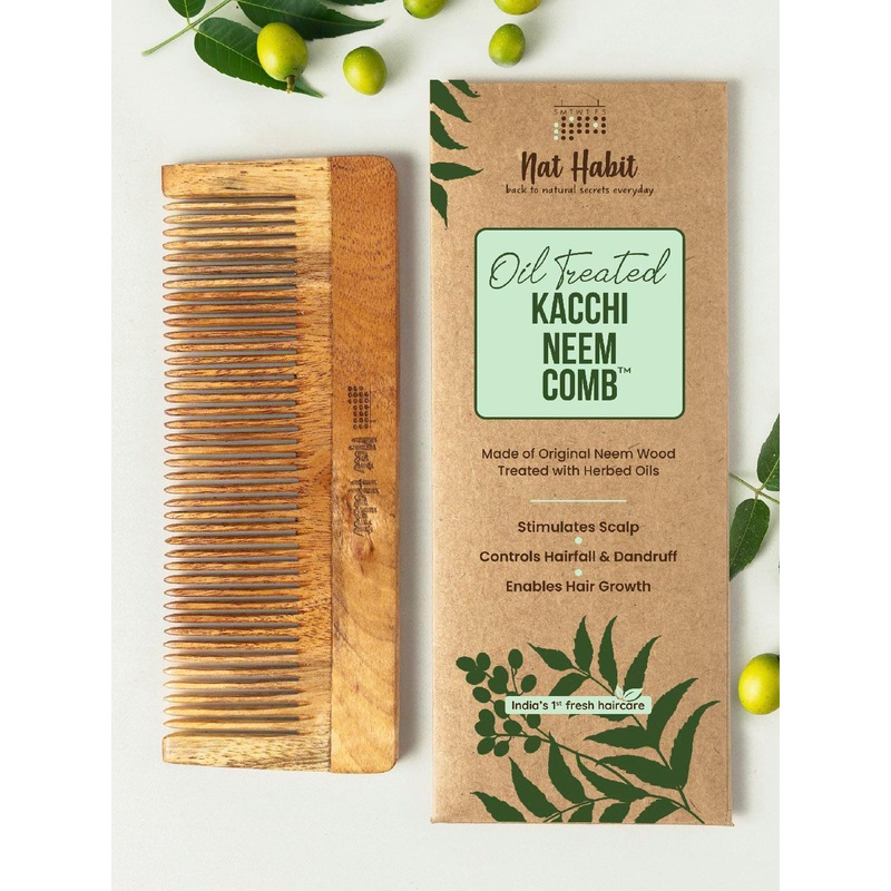 Nat Habit Kacchi Neem Large Fine Wooden Tooth Comb – Soaked in 17 Herbs & Oils – Beige