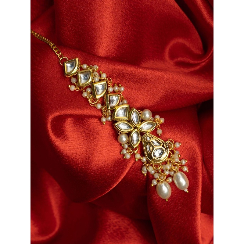 PANASH Gold-Plated Kundan Studded & Pearls Beaded Maang Tikka