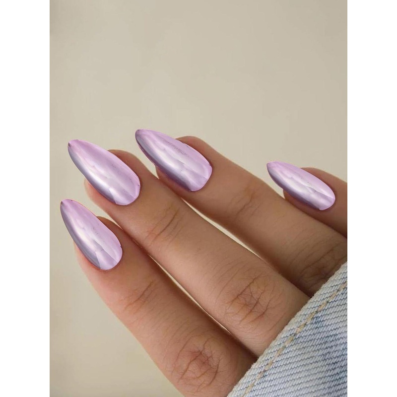 PRIVIU 12 Pcs Reusable Chromatic Fake Nails With Application Kit – Metallic Lavender F12L
