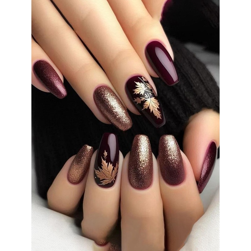 The Pink Truck Set Of 24 Artificial Reusable Nails With Gold Foil Leafy Design With Glue