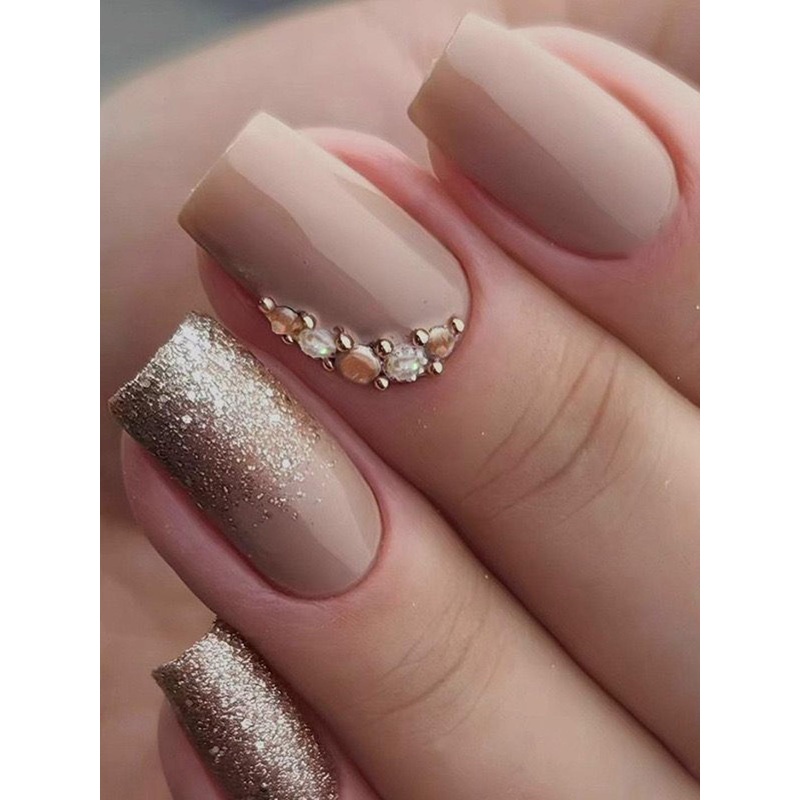 The Pink Truck Set Of 24 Reusable Nails -Beige Glitter Honey With Stones Design