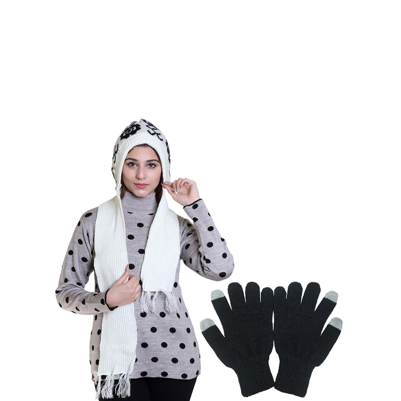 Gajraj Women Printed Woollen Scarf With Touch Screen Fingers Gloves