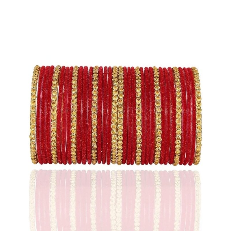 Guddan Set of 34 Red & Golden Glass Bangle Set