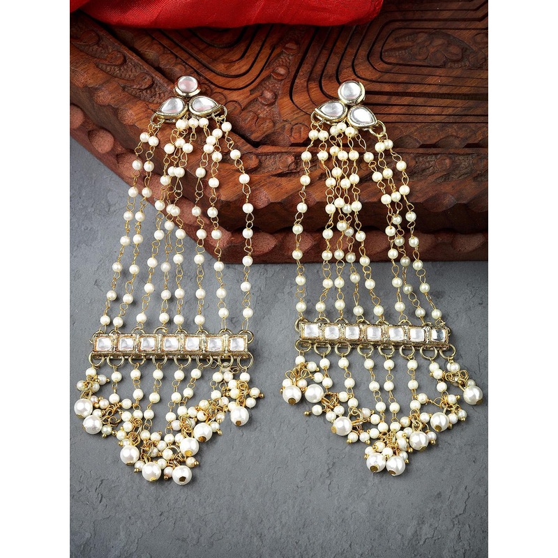 KARATCART Gold Plated Pearl Chain Kundan Studded Drop Earrings