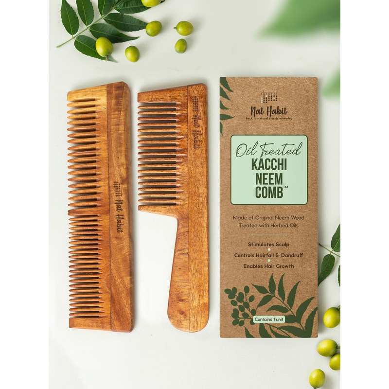 Nat Habit 2pcs Kacchi Neem Wooden Comb – Soaked in 17 Herbs & Oils – Dual+ Fine Tooth Comb