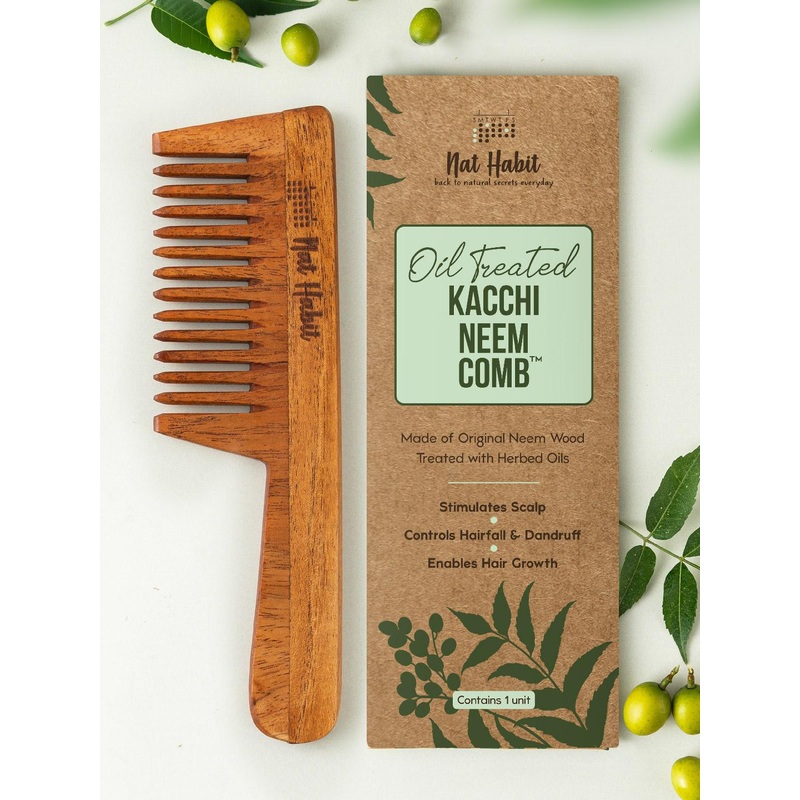 Nat Habit Kacchi Neem Handmade Wide Wooden Tooth Comb for Long Thick Hair