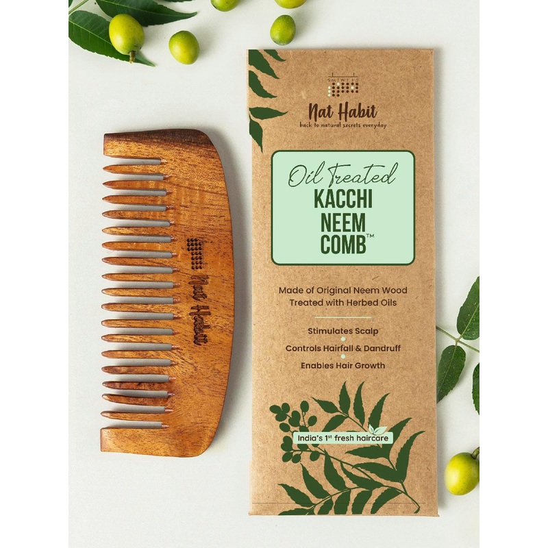 Nat Habit Kacchi Neem Handmade Wooden Wide Tooth Bounce Comb for Long Thick Hair